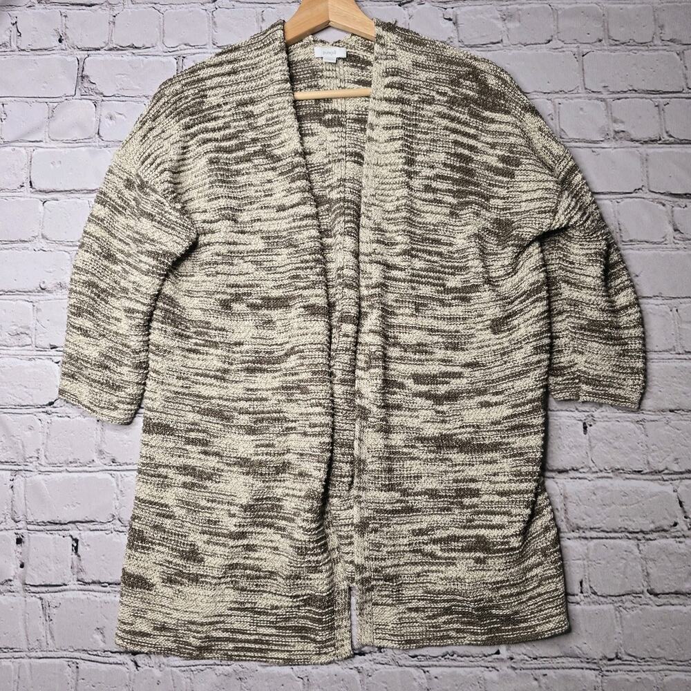J Jill‎ Cotton Blend Knit Brown Cream Half Sleeve Open Cardigan Sweater Small